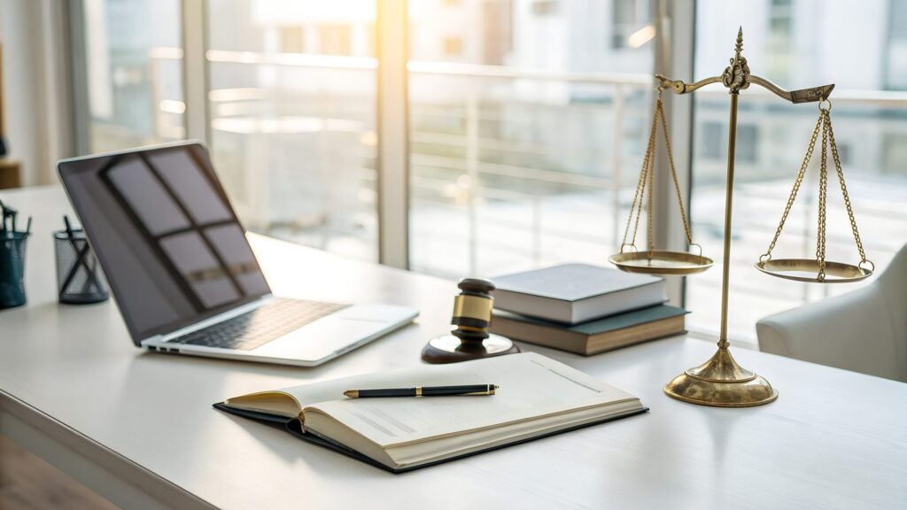 Scales of justice on a desk beside a laptop and notebook